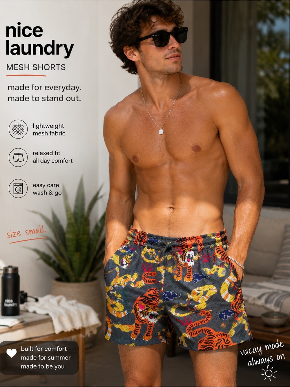 Nice Laundry Tiger Print Mesh Shorts – Size Small 🐅🔥 Swimming Resortwear Vacay